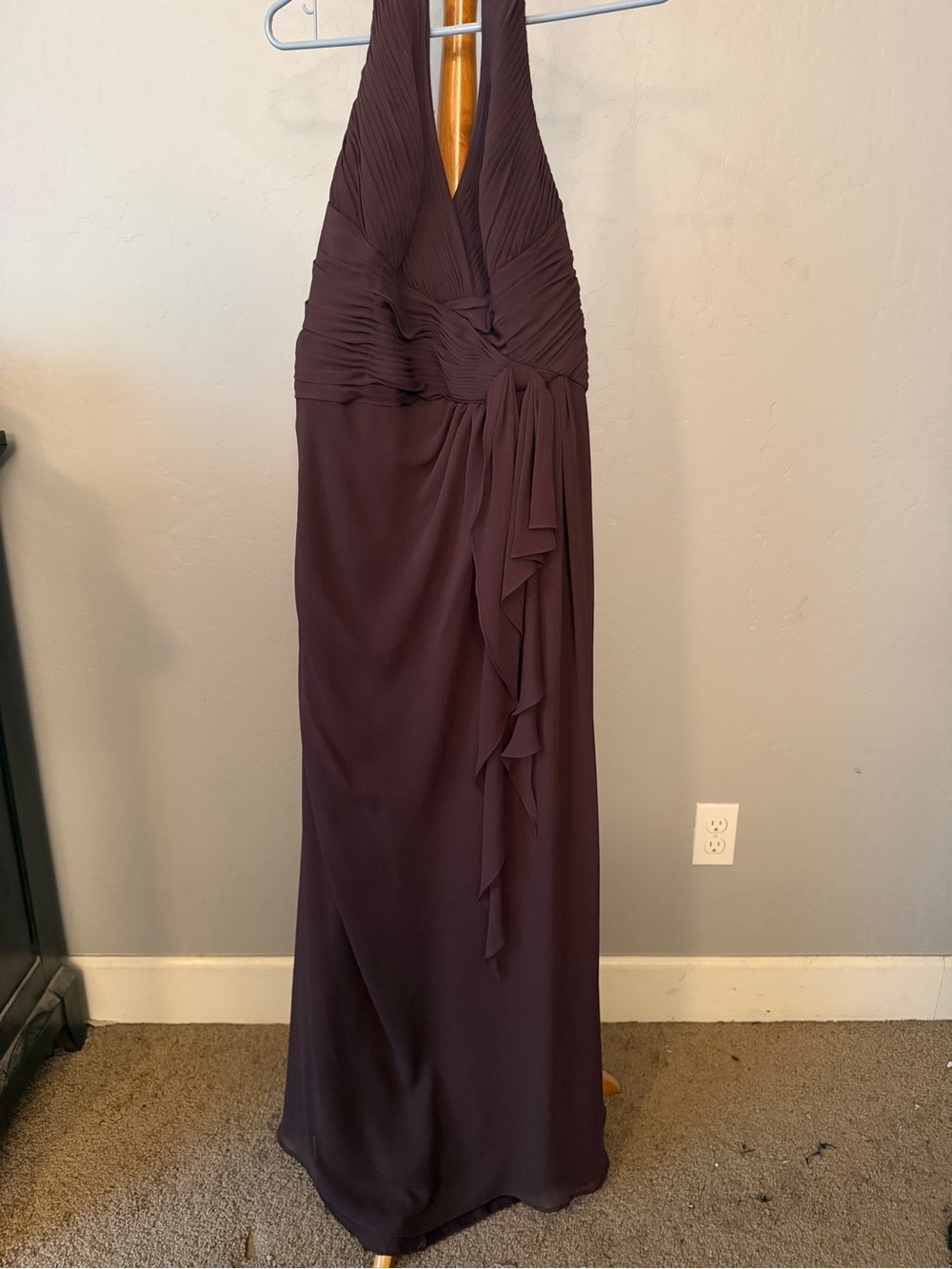 David's Bridal Plum Halter Maxi Gown with Side Ruffle